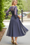Cinzento Elegante Uma Linha Chiffon Boat Neck Midi Mãe do Vestido da Noiva