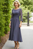 Cinzento Elegante Uma Linha Chiffon Boat Neck Midi Mãe do Vestido da Noiva