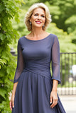 Cinzento Elegante Uma Linha Chiffon Boat Neck Midi Mãe do Vestido da Noiva