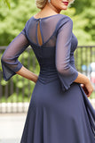 Cinzento Elegante Uma Linha Chiffon Boat Neck Midi Mãe do Vestido da Noiva