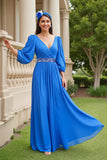 Azul A Line Chiffon V-Neck Long Mãe do Vestido da Noiva com Mangas