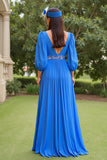 Azul A Line Chiffon V-Neck Long Mãe do Vestido da Noiva com Mangas