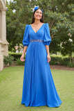 Azul A Line Chiffon V-Neck Long Mãe do Vestido da Noiva com Mangas