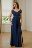 Marinha A Line Chiffon Appliqued Long Mother of the Bride Dress with Slit