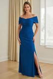 Bainha Azul Chiffon Off The Shoulder Long Mãe do Vestido de Noiva com Fenda
