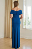Bainha Azul Chiffon Off The Shoulder Long Mãe do Vestido de Noiva com Fenda