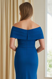 Bainha Azul Chiffon Off The Shoulder Long Mãe do Vestido de Noiva com Fenda