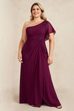 Bainha Borgonha Chiffon Um Ombro Longo Mãe do Vestido da Noiva com Missangas