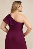 Bainha Borgonha Chiffon Um Ombro Longo Mãe do Vestido da Noiva com Missangas