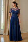 Marinha Chiffon Uma Linha Appliqued Ilusão Barco Pescoço Longo Mãe da Noiva Vestido com mangas