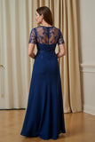Marinha Chiffon Uma Linha Appliqued Ilusão Barco Pescoço Longo Mãe da Noiva Vestido com mangas