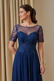 Marinha Chiffon Uma Linha Appliqued Ilusão Barco Pescoço Longo Mãe da Noiva Vestido com mangas