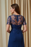 Marinha Chiffon Uma Linha Appliqued Ilusão Barco Pescoço Longo Mãe da Noiva Vestido com mangas