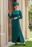 Verde escuro A-Line Bateau mangas compridas mãe da noiva vestido com fenda