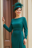 Verde escuro A-Line Bateau mangas compridas mãe da noiva vestido com fenda