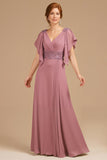 A-Line Uva V-Neck Ruched Flutter Manga Longa Mãe do Vestido da Noiva