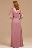 A-Line Uva V-Neck Ruched Flutter Manga Longa Mãe do Vestido da Noiva