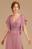 A-Line Uva V-Neck Ruched Flutter Manga Longa Mãe do Vestido da Noiva