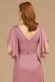 A-Line Uva V-Neck Ruched Flutter Manga Longa Mãe do Vestido da Noiva