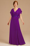 A-Line Uva V-Neck Ruched Flutter Manga Longa Mãe do Vestido da Noiva