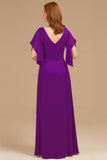 A-Line Uva V-Neck Ruched Flutter Manga Longa Mãe do Vestido da Noiva