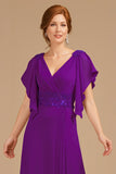 A-Line Uva V-Neck Ruched Flutter Manga Longa Mãe do Vestido da Noiva