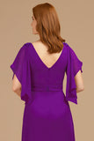 A-Line Uva V-Neck Ruched Flutter Manga Longa Mãe do Vestido da Noiva