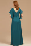 A-Line Uva V-Neck Ruched Flutter Manga Longa Mãe do Vestido da Noiva