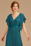 A-Line Uva V-Neck Ruched Flutter Manga Longa Mãe do Vestido da Noiva