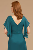 A-Line Uva V-Neck Ruched Flutter Manga Longa Mãe do Vestido da Noiva