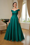 Verde Escuro A-Line V-Neck Ruched Long Mãe do Vestido da Noiva com Folhos