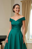 Verde Escuro A-Line V-Neck Ruched Long Mãe do Vestido da Noiva com Folhos