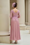 Dusty Rose A-Line V-Neck 3/4 Mangas Mãe do Vestido da Noiva com Apliques