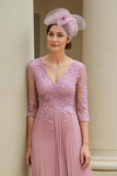 Dusty Rose A-Line V-Neck 3/4 Mangas Mãe do Vestido da Noiva com Apliques