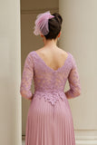 Dusty Rose A-Line V-Neck 3/4 Mangas Mãe do Vestido da Noiva com Apliques