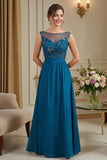 Peacock Blue A-Line Illusion Neck Long Mãe do Vestido da Noiva com Apliques de Renda
