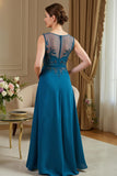 Peacock Blue A-Line Illusion Neck Long Mãe do Vestido da Noiva com Apliques de Renda