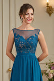 Peacock Blue A-Line Illusion Neck Long Mãe do Vestido da Noiva com Apliques de Renda