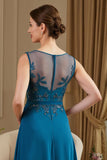 Peacock Blue A-Line Illusion Neck Long Mãe do Vestido da Noiva com Apliques de Renda