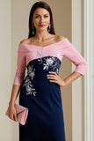 Marinha Off The Shoulder 3/4 Manga Mãe do Vestido da Noiva com Apliques de Renda