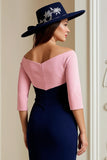 Marinha Off The Shoulder 3/4 Manga Mãe do Vestido da Noiva com Apliques de Renda