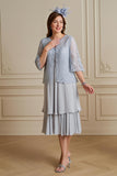 Prata A-Line Tiered Chiffon Lace Coat 2 Peça Mãe do Vestido da Noiva