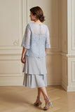 Prata A-Line Tiered Chiffon Lace Coat 2 Peça Mãe do Vestido da Noiva