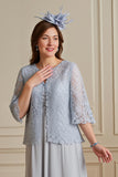 Prata A-Line Tiered Chiffon Lace Coat 2 Peça Mãe do Vestido da Noiva