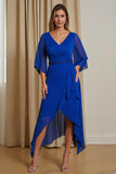 A-Line Royal Blue V-Neck 3/4 Manga Chiffon Mãe do Vestido da Noiva com Folhos