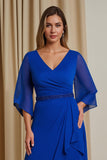 A-Line Royal Blue V-Neck 3/4 Manga Chiffon Mãe do Vestido da Noiva com Folhos