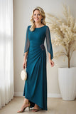 Pavão Azul Bateau Pescoço Ruched Puff Mangas Chiffon Longa Mãe do Vestido da Noiva com Missangas