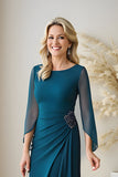 Pavão Azul Bateau Pescoço Ruched Puff Mangas Chiffon Longa Mãe do Vestido da Noiva com Missangas