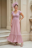 Dusty Rose A-Line V-Neck Long Mãe do Vestido da Noiva com Renda