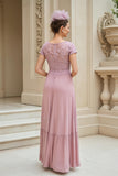 Dusty Rose A-Line V-Neck Long Mãe do Vestido da Noiva com Renda